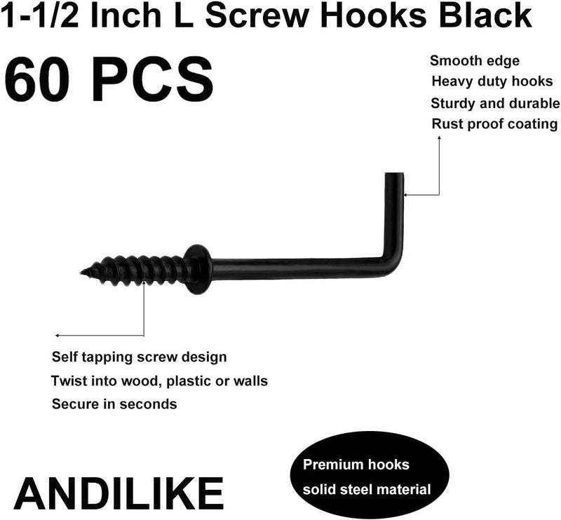 ANDILIKE 60 PCS 7 Shaped Right Angle Screw Hooks,Black 1-1/2 Inch Screw in L Shaped Hooks for Hanging Lamp,Plants,Decorations,kitchenware and DIY Crafts - Image 4